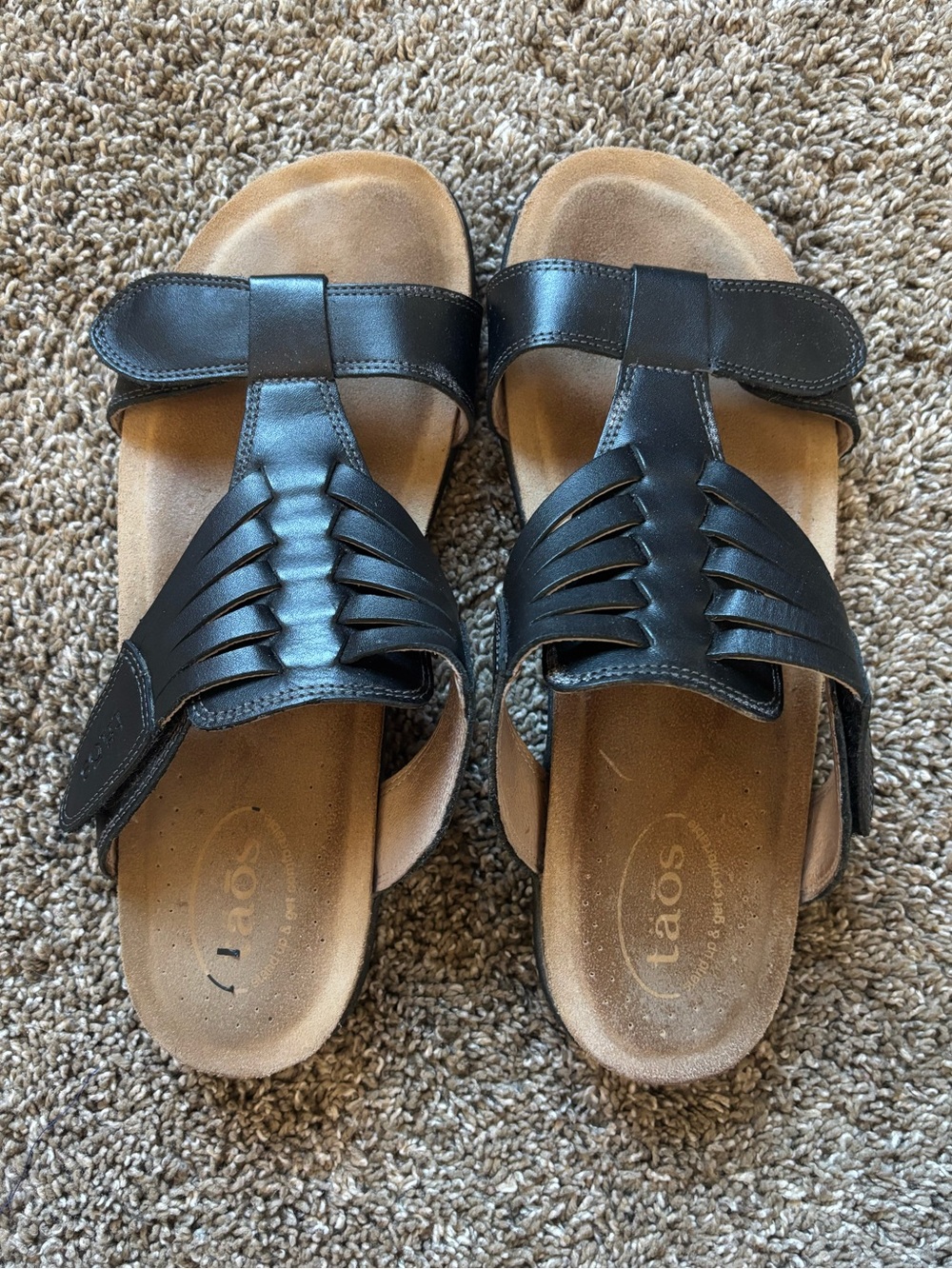 Taos Footwear Black Leather Strappy Slide Sandals